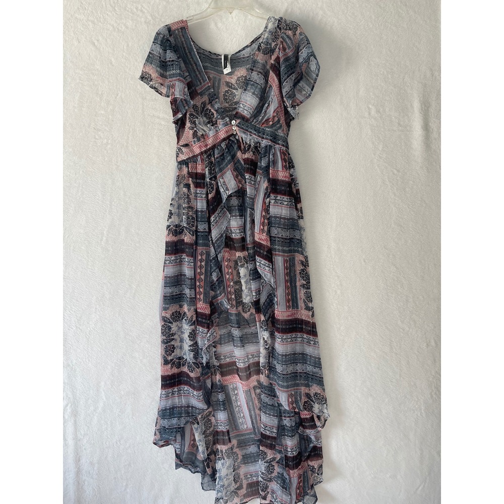 Mixed Print Maxi Dress Womens M Boho Sheer Chiffon Flutter Sleeve Empire Waist